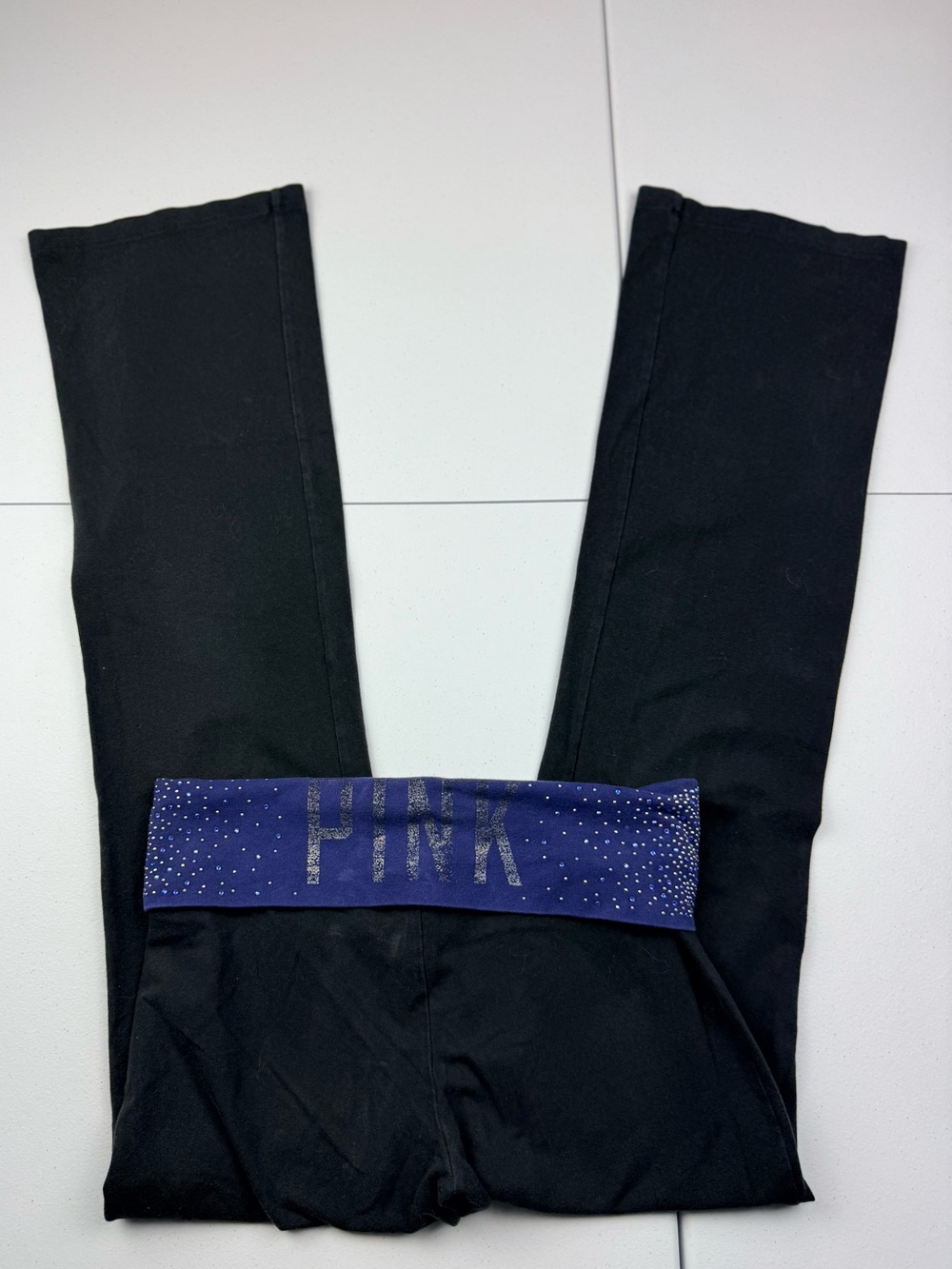 PINK Black Leggings with Navy Logo Waistband Y2K